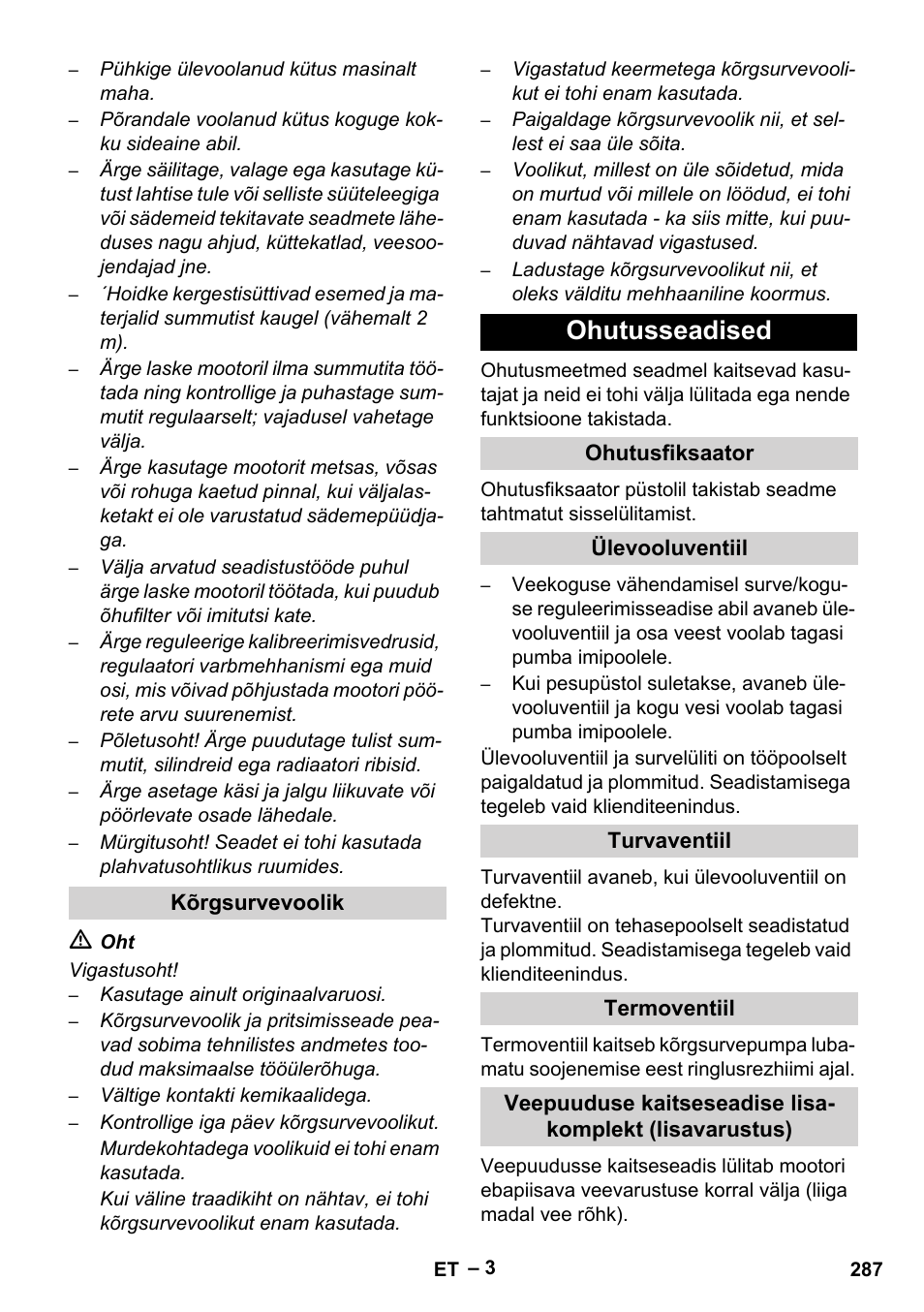 Ohutusseadised | Karcher HD 9-50 Pe User Manual | Page 287 / 346