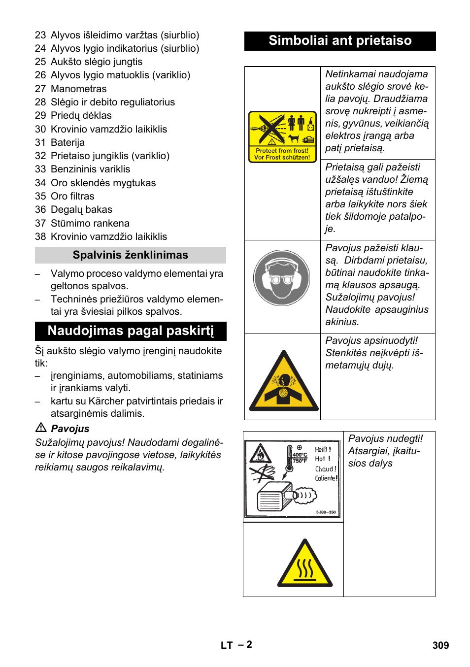 Naudojimas pagal paskirtį simboliai ant prietaiso | Karcher HD 9-50 Pe User Manual | Page 309 / 346