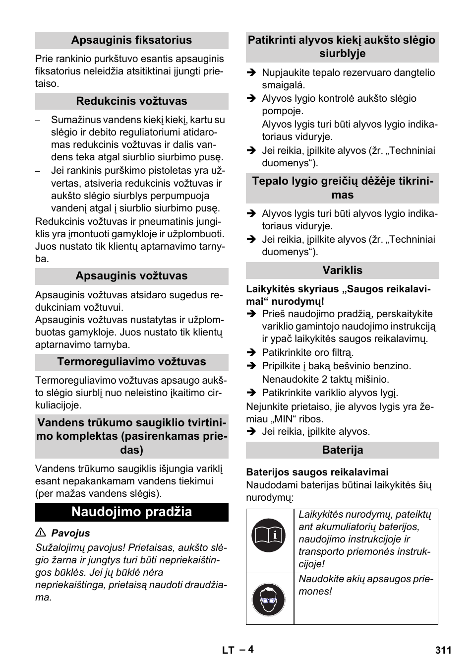 Naudojimo pradžia | Karcher HD 9-50 Pe User Manual | Page 311 / 346