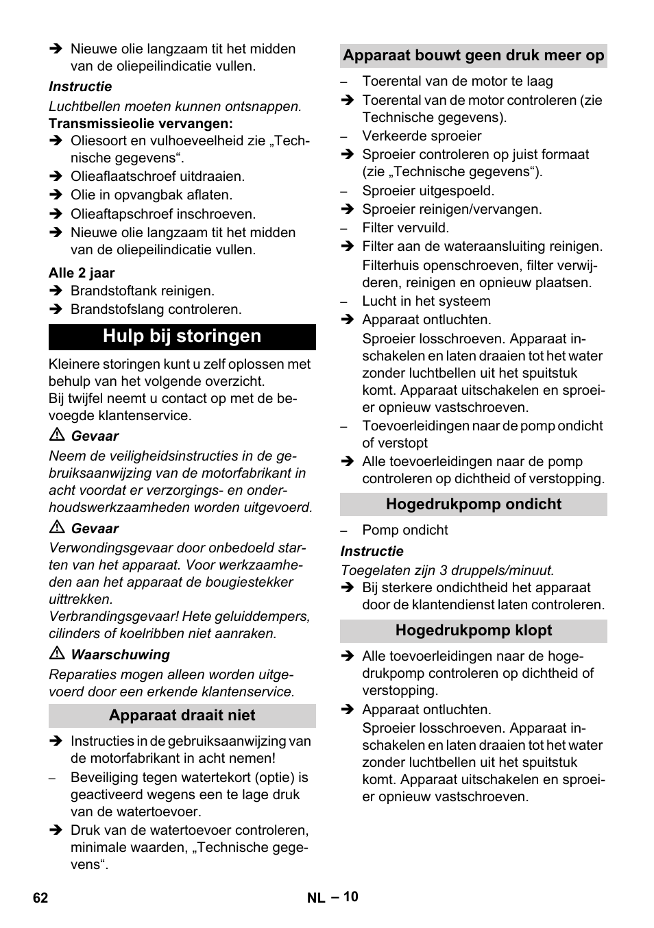 Hulp bij storingen | Karcher HD 9-50 Pe User Manual | Page 62 / 346