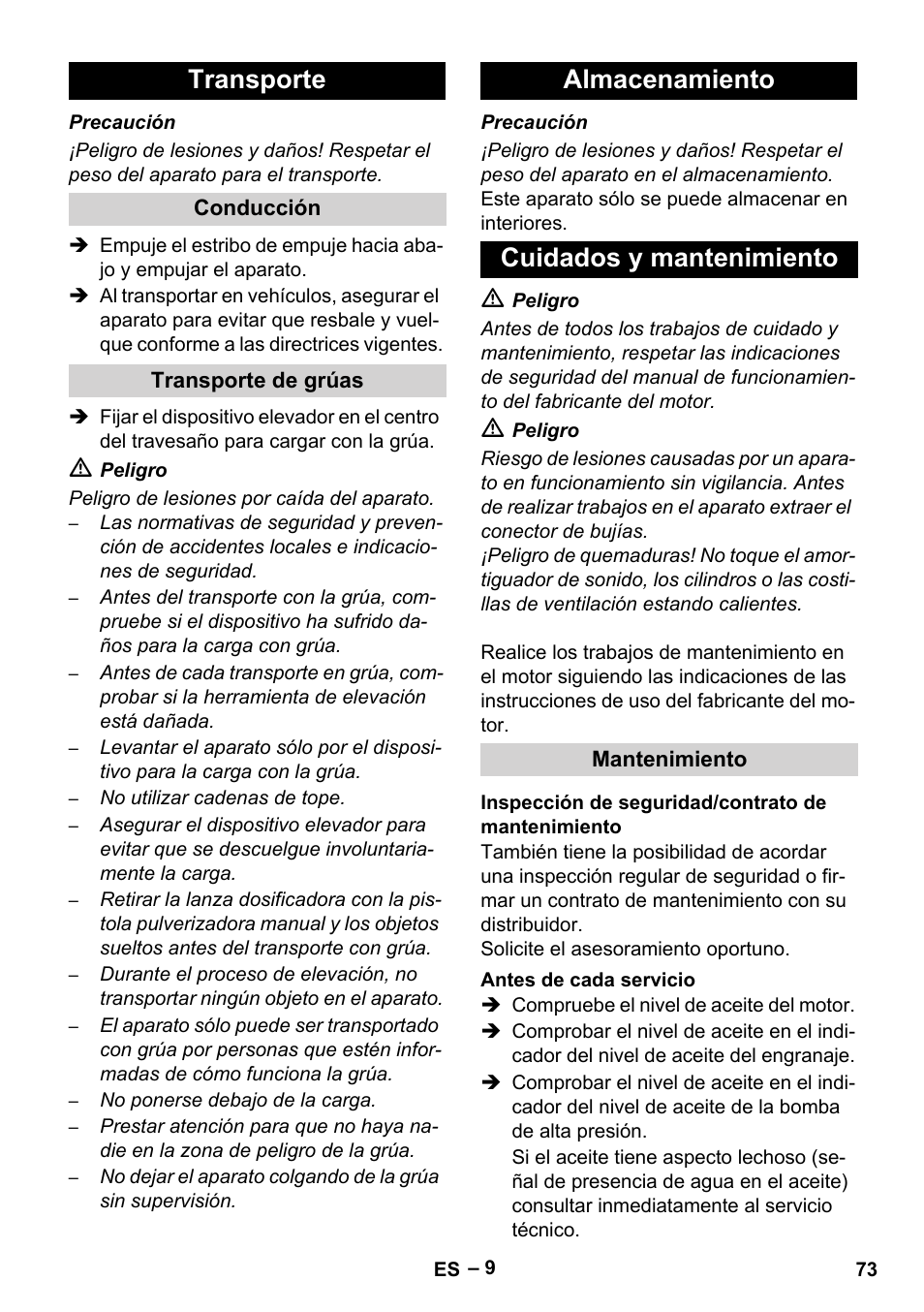 Transporte, Almacenamiento cuidados y mantenimiento | Karcher HD 9-50 Pe User Manual | Page 73 / 346