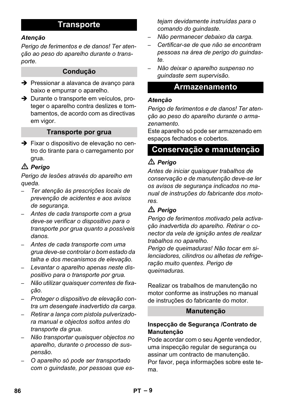 Transporte, Armazenamento conservação e manutenção | Karcher HD 9-50 Pe User Manual | Page 86 / 346