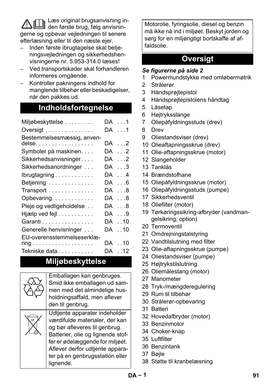 Dansk, Indholdsfortegnelse, Miljøbeskyttelse | Oversigt | Karcher HD 9-50 Pe User Manual | Page 91 / 346