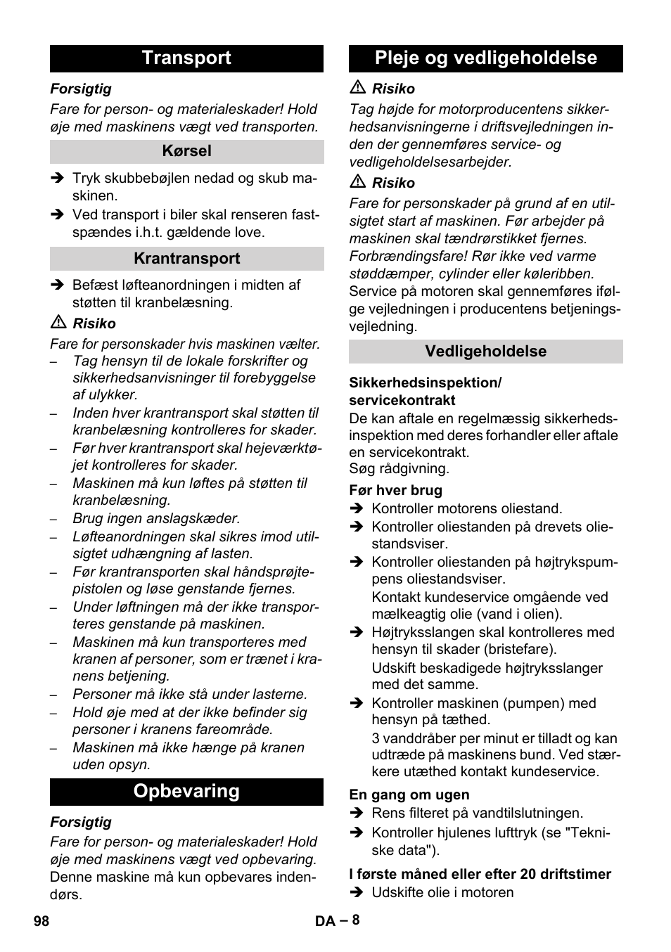 Transport, Opbevaring pleje og vedligeholdelse | Karcher HD 9-50 Pe User Manual | Page 98 / 346