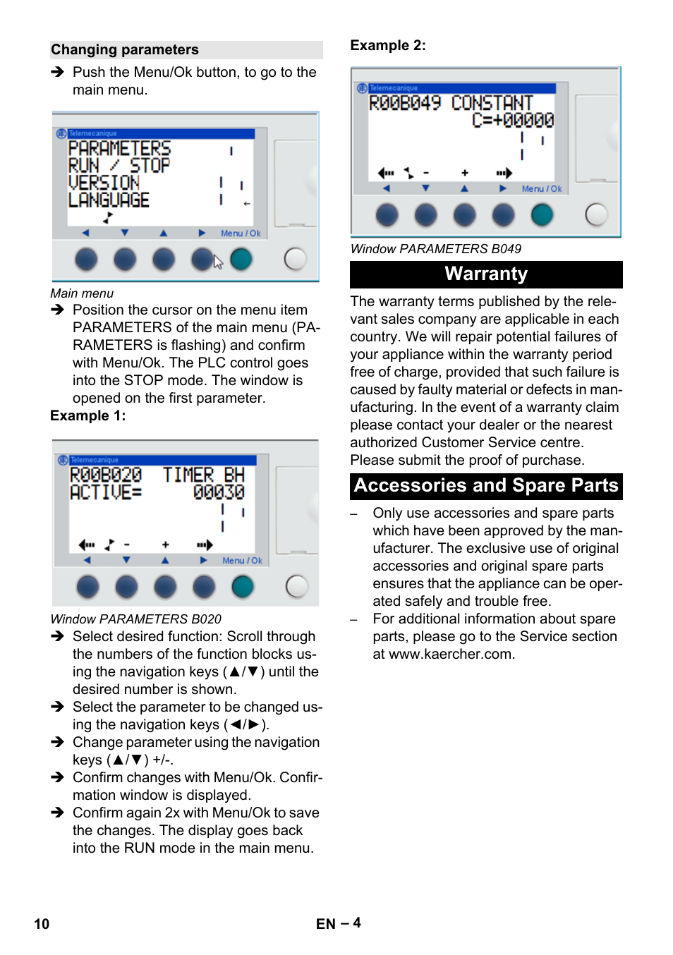 Changing parameters, Warranty, Accessories and spare parts | Warranty accessories and spare parts | Karcher IVL 120-27-1 User Manual | Page 10 / 24