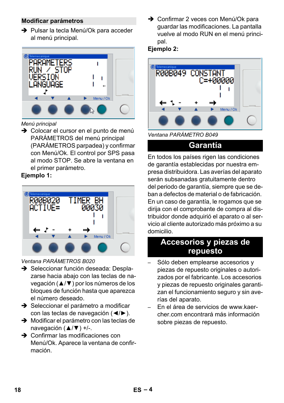 Modificar parámetros, Garantía, Accesorios y piezas de repuesto | Garantía accesorios y piezas de repuesto | Karcher IVL 120-27-1 User Manual | Page 18 / 24