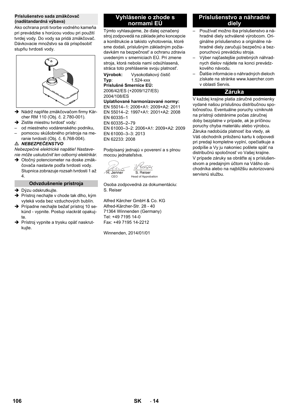 Odvzdušnenie prístroja, Vyhlásenie o zhode s normami eú, Príslušenstvo a náhradné diely | Záruka, Príslušenstvo a náhradné diely záruka | Karcher HD 13-12-4 ST User Manual | Page 106 / 156