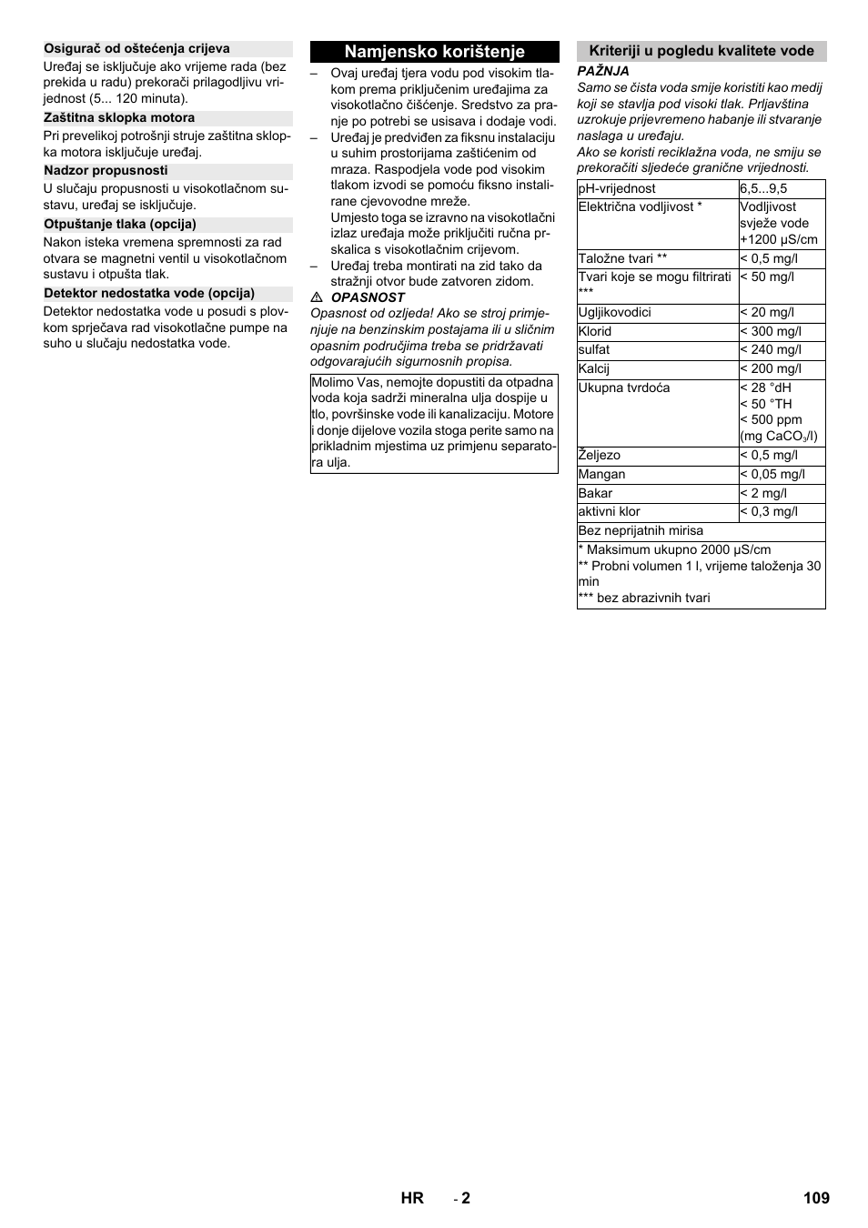 Osigurač od oštećenja crijeva, Zaštitna sklopka motora, Nadzor propusnosti | Otpuštanje tlaka (opcija), Detektor nedostatka vode (opcija), Namjensko korištenje, Kriteriji u pogledu kvalitete vode | Karcher HD 13-12-4 ST User Manual | Page 109 / 156