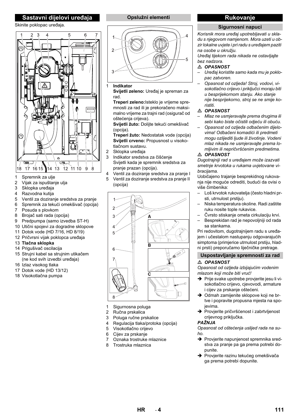 Sastavni dijelovi uređaja, Opslužni elementi, Rukovanje | Sigurnosni napuci, Uspostavljanje spremnosti za rad | Karcher HD 13-12-4 ST User Manual | Page 111 / 156