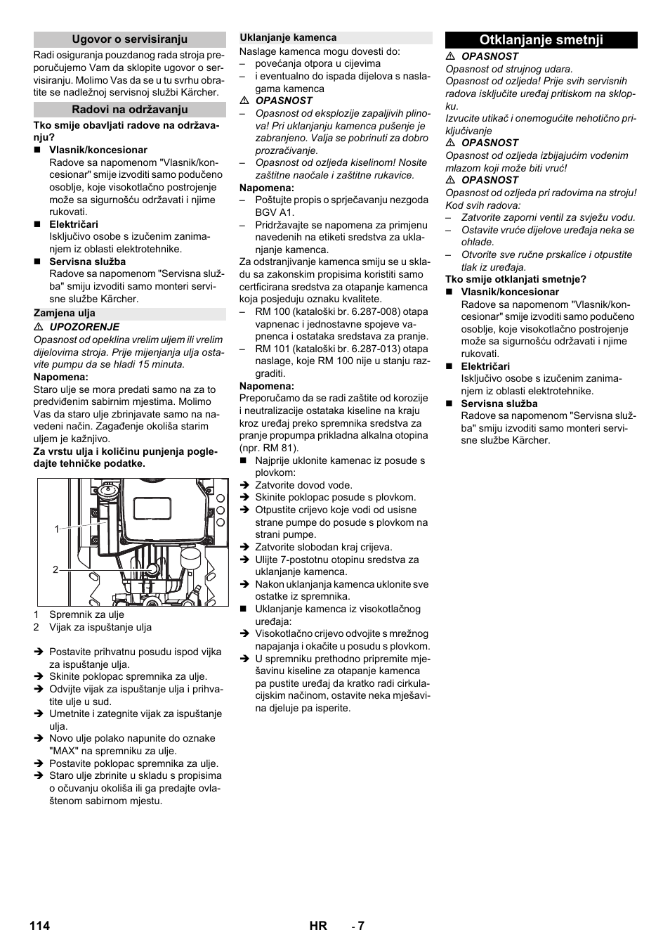 Ugovor o servisiranju, Radovi na održavanju, Zamjena ulja | Uklanjanje kamenca, Otklanjanje smetnji | Karcher HD 13-12-4 ST User Manual | Page 114 / 156