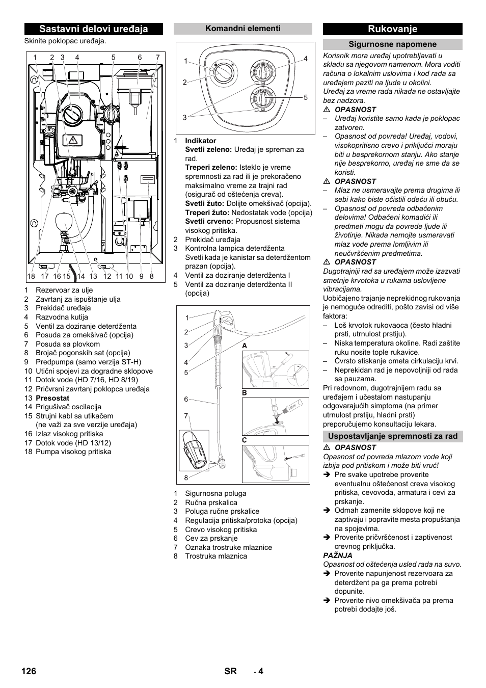 Sastavni delovi uređaja, Komandni elementi, Rukovanje | Sigurnosne napomene, Uspostavljanje spremnosti za rad | Karcher HD 13-12-4 ST User Manual | Page 126 / 156