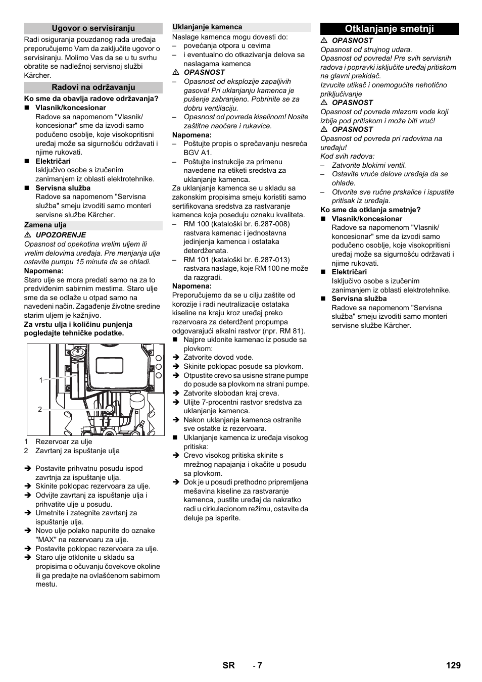 Ugovor o servisiranju, Radovi na održavanju, Zamena ulja | Uklanjanje kamenca, Otklanjanje smetnji | Karcher HD 13-12-4 ST User Manual | Page 129 / 156
