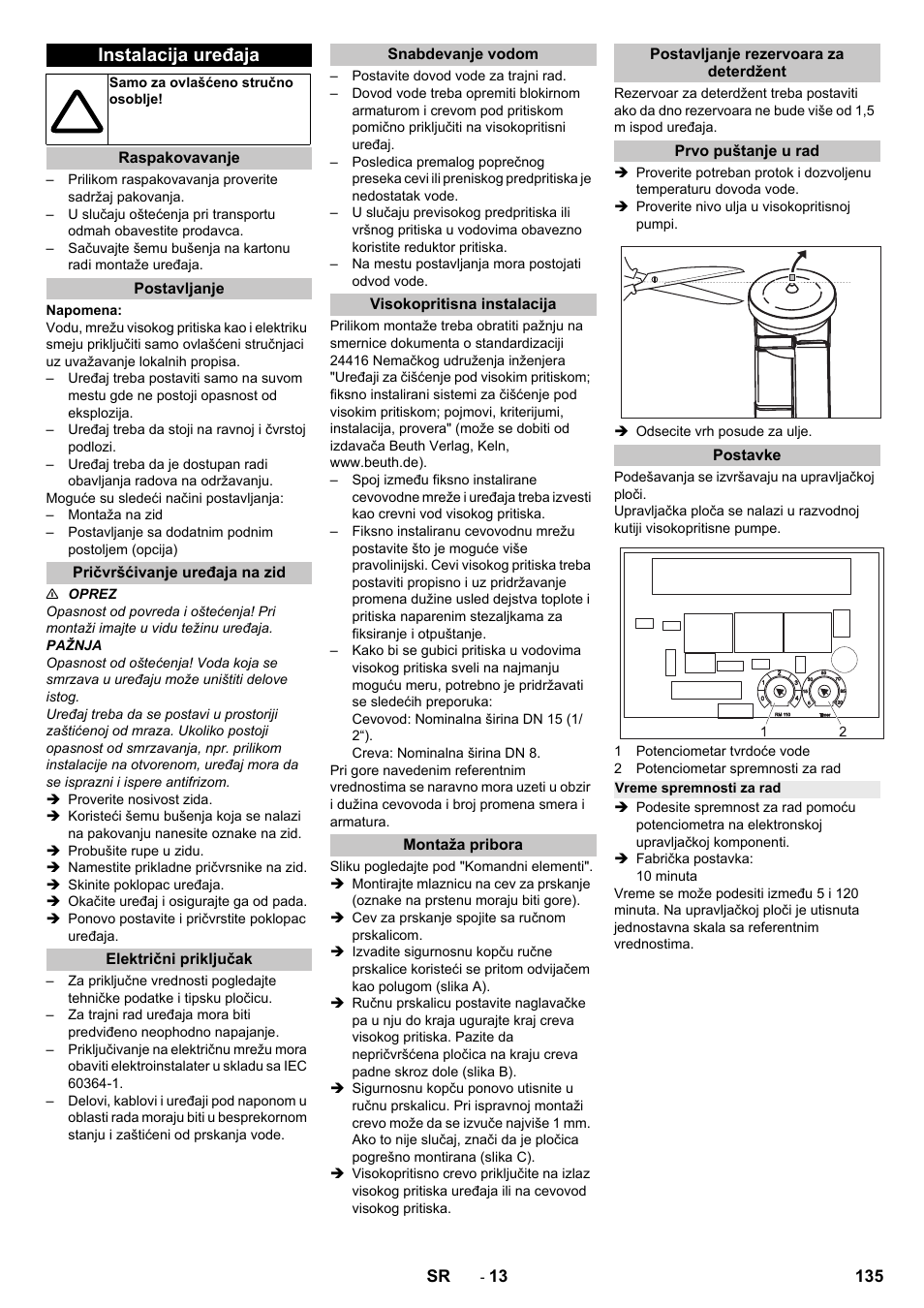 Instalacija uređaja, Raspakovavanje, Postavljanje | Pričvršćivanje uređaja na zid, Električni priključak, Snabdevanje vodom, Visokopritisna instalacija, Montaža pribora, Postavljanje rezervoara za deterdžent, Prvo puštanje u rad | Karcher HD 13-12-4 ST User Manual | Page 135 / 156
