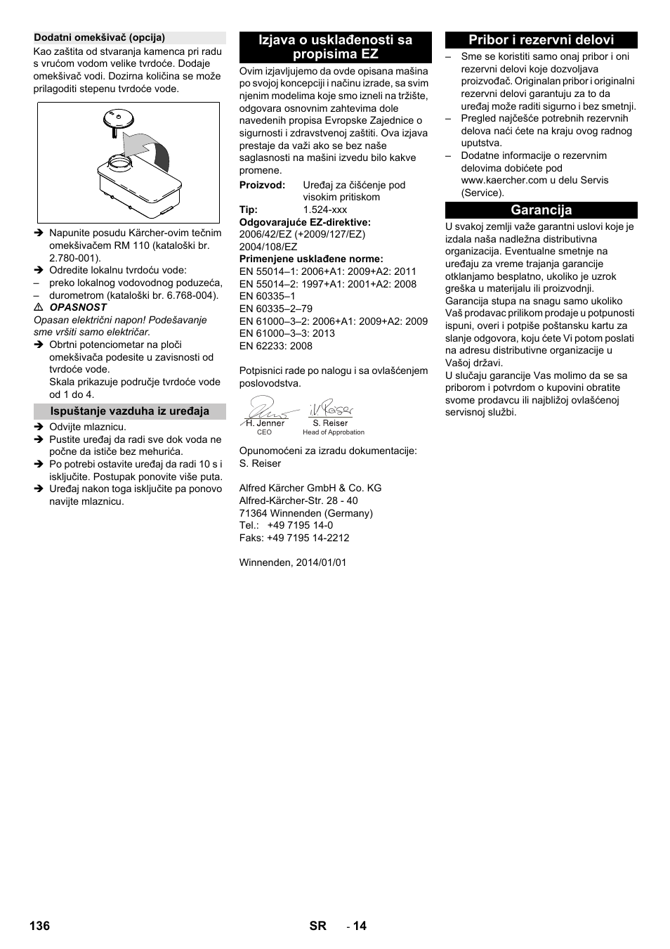 Dodatni omekšivač (opcija), Ispuštanje vazduha iz uređaja, Izjava o usklađenosti sa propisima ez | Pribor i rezervni delovi, Garancija, Pribor i rezervni delovi garancija | Karcher HD 13-12-4 ST User Manual | Page 136 / 156