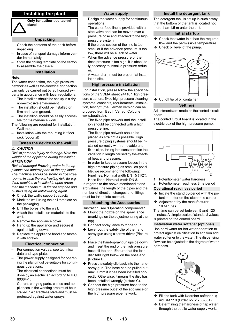 Installing the plant, Unpacking, Installation | Fasten the device to the wall, Electrical connection, Water supply, High pressure installation, Attaching the accessories, Install the detergent tank, Initial startup | Karcher HD 13-12-4 ST User Manual | Page 30 / 156