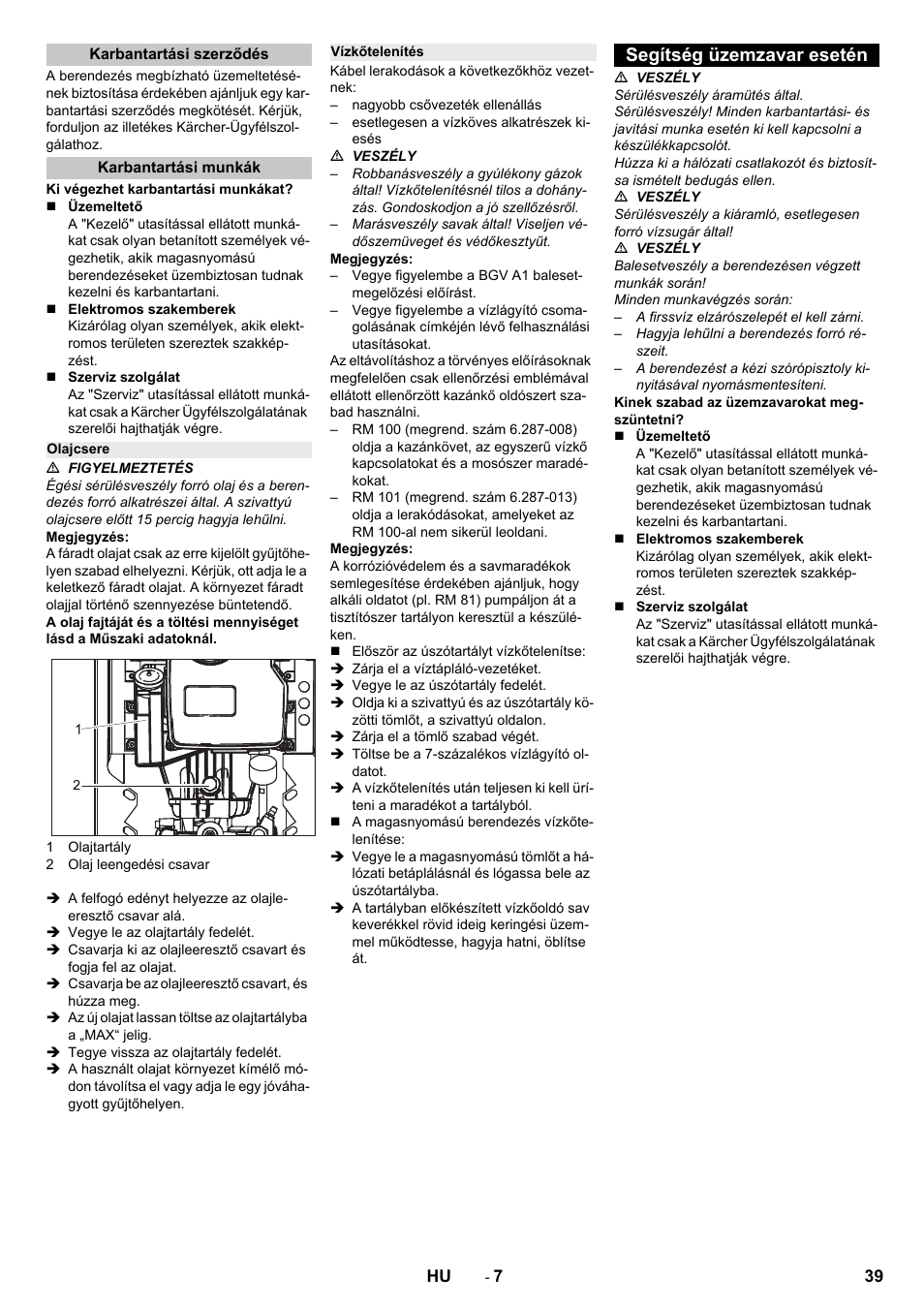 Karbantartási szerződés, Karbantartási munkák, Olajcsere | Vízkőtelenítés, Segítség üzemzavar esetén | Karcher HD 13-12-4 ST User Manual | Page 39 / 156