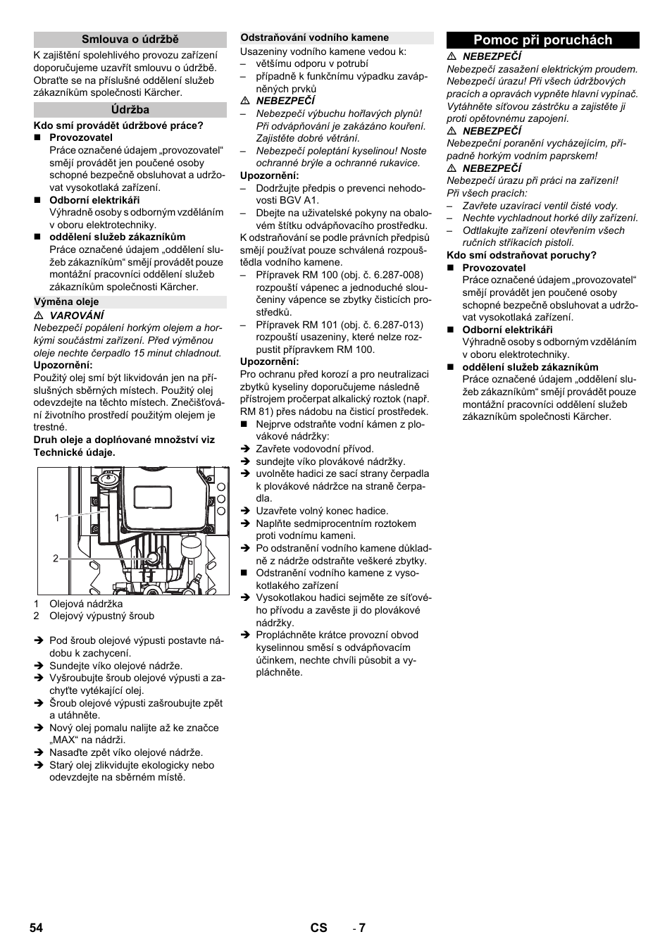 Smlouva o údržbě, Údržba, Výměna oleje | Odstraňování vodního kamene, Pomoc při poruchách | Karcher HD 13-12-4 ST User Manual | Page 54 / 156