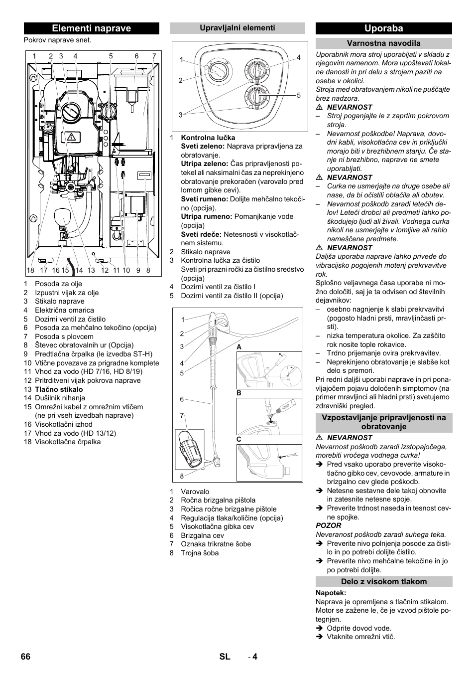 Elementi naprave, Upravljalni elementi, Uporaba | Varnostna navodila, Vzpostavljanje pripravljenosti na obratovanje, Delo z visokom tlakom | Karcher HD 13-12-4 ST User Manual | Page 66 / 156