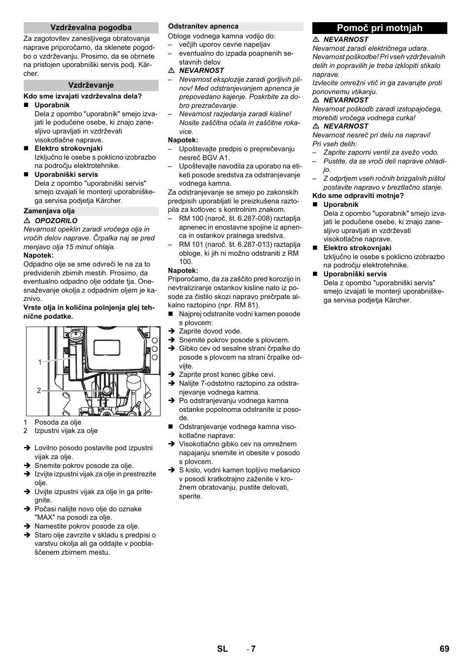 Vzdrževalna pogodba, Vzdrževanje, Zamenjava olja | Odstranitev apnenca, Pomoč pri motnjah | Karcher HD 13-12-4 ST User Manual | Page 69 / 156