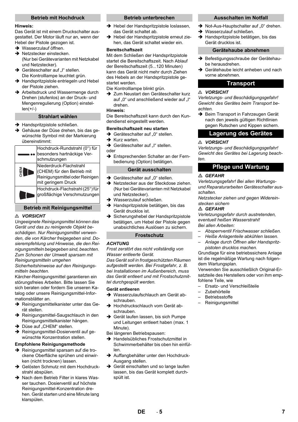Betrieb mit hochdruck, Strahlart wählen, Betrieb mit reinigungsmittel | Empfohlene reinigungsmethode, Betrieb unterbrechen, Bereitschaftszeit, Bereitschaftszeit neu starten, Gerät ausschalten, Frostschutz, Gerät entleeren | Karcher HD 13-12-4 ST User Manual | Page 7 / 156