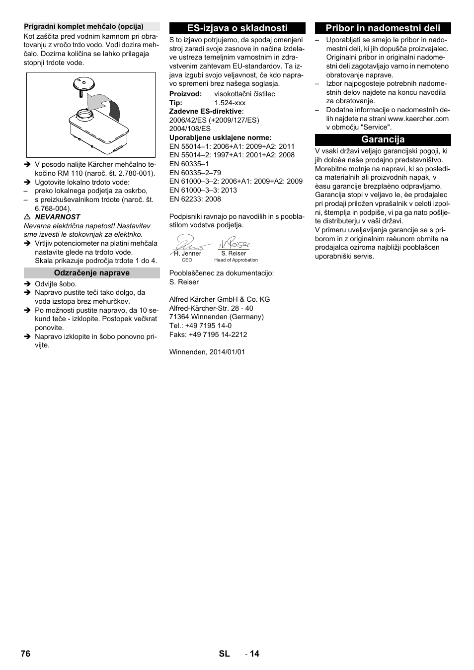 Prigradni komplet mehčalo (opcija), Odzračenje naprave, Es-izjava o skladnosti | Pribor in nadomestni deli, Garancija, Pribor in nadomestni deli garancija | Karcher HD 13-12-4 ST User Manual | Page 76 / 156