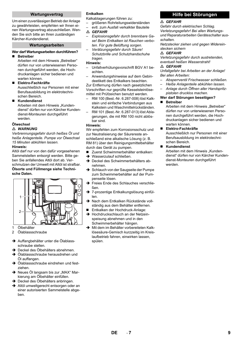 Wartungsvertrag, Wartungsarbeiten, Ölwechsel | Entkalken, Hilfe bei störungen | Karcher HD 13-12-4 ST User Manual | Page 9 / 156