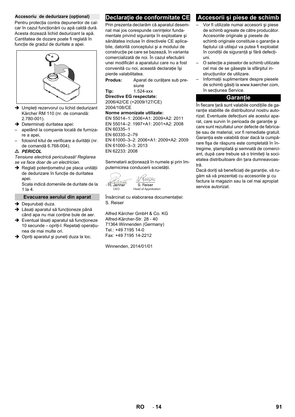 Accesoriu de dedurizare (opţional), Evacuarea aerului din aparat, Declaraţie de conformitate ce | Accesorii şi piese de schimb, Garanţie, Accesorii şi piese de schimb garanţie | Karcher HD 13-12-4 ST User Manual | Page 91 / 156