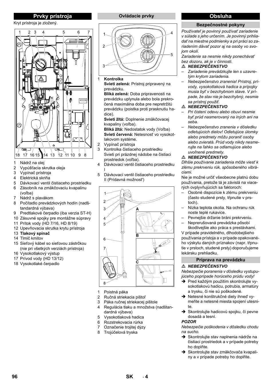 Prvky prístroja, Ovládacie prvky, Obsluha | Bezpečnostné pokyny, Príprava na prevádzku | Karcher HD 13-12-4 ST User Manual | Page 96 / 156