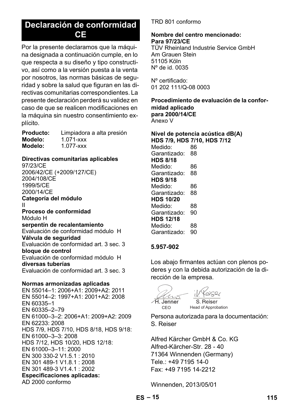 Declaración de conformidad ce | Karcher HDS 7-12-4 M User Manual | Page 115 / 516