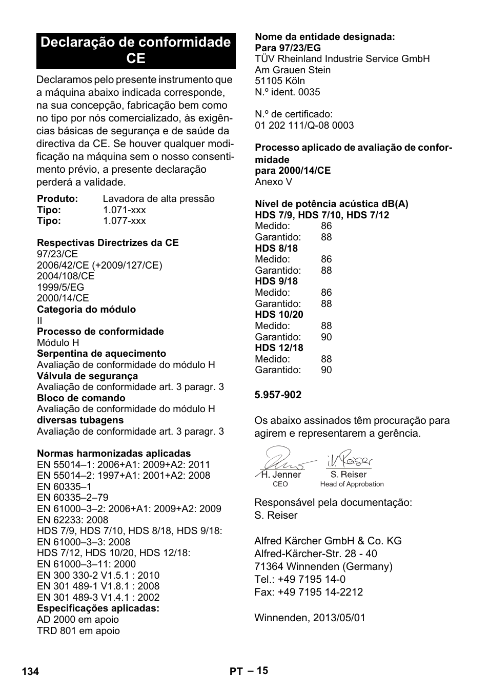 Declaração de conformidade ce | Karcher HDS 7-12-4 M User Manual | Page 134 / 516