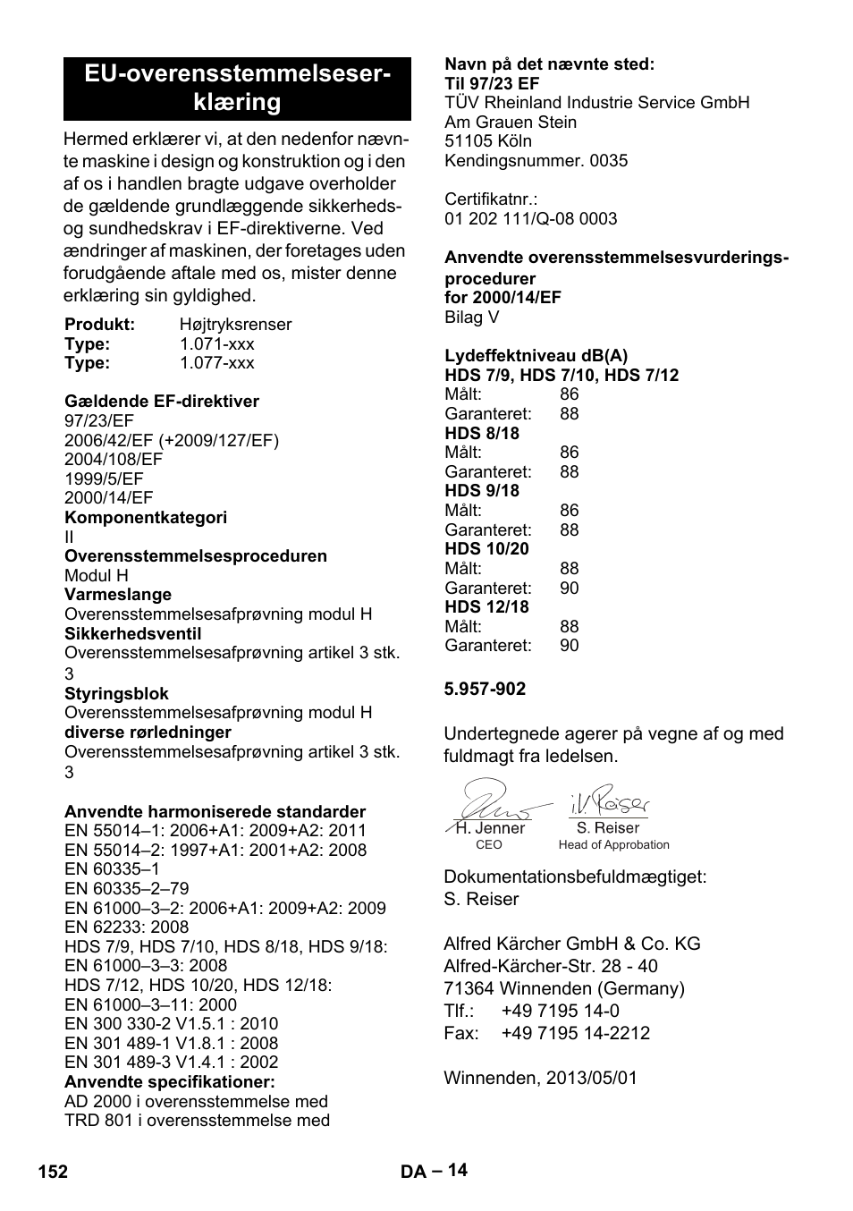 Eu-overensstemmelseser- klæring | Karcher HDS 7-12-4 M User Manual | Page 152 / 516