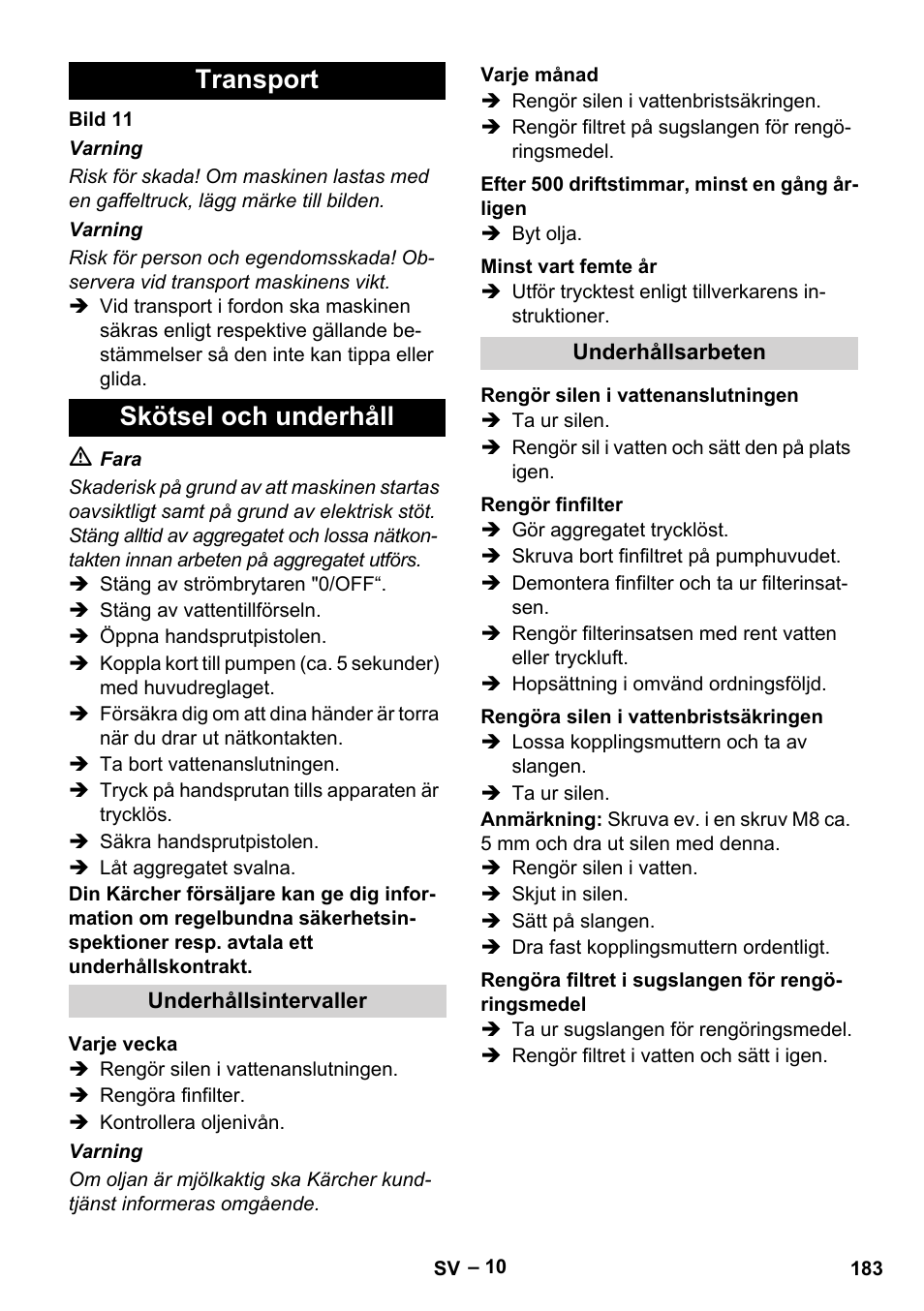 Transport skötsel och underhåll | Karcher HDS 7-12-4 M User Manual | Page 183 / 516