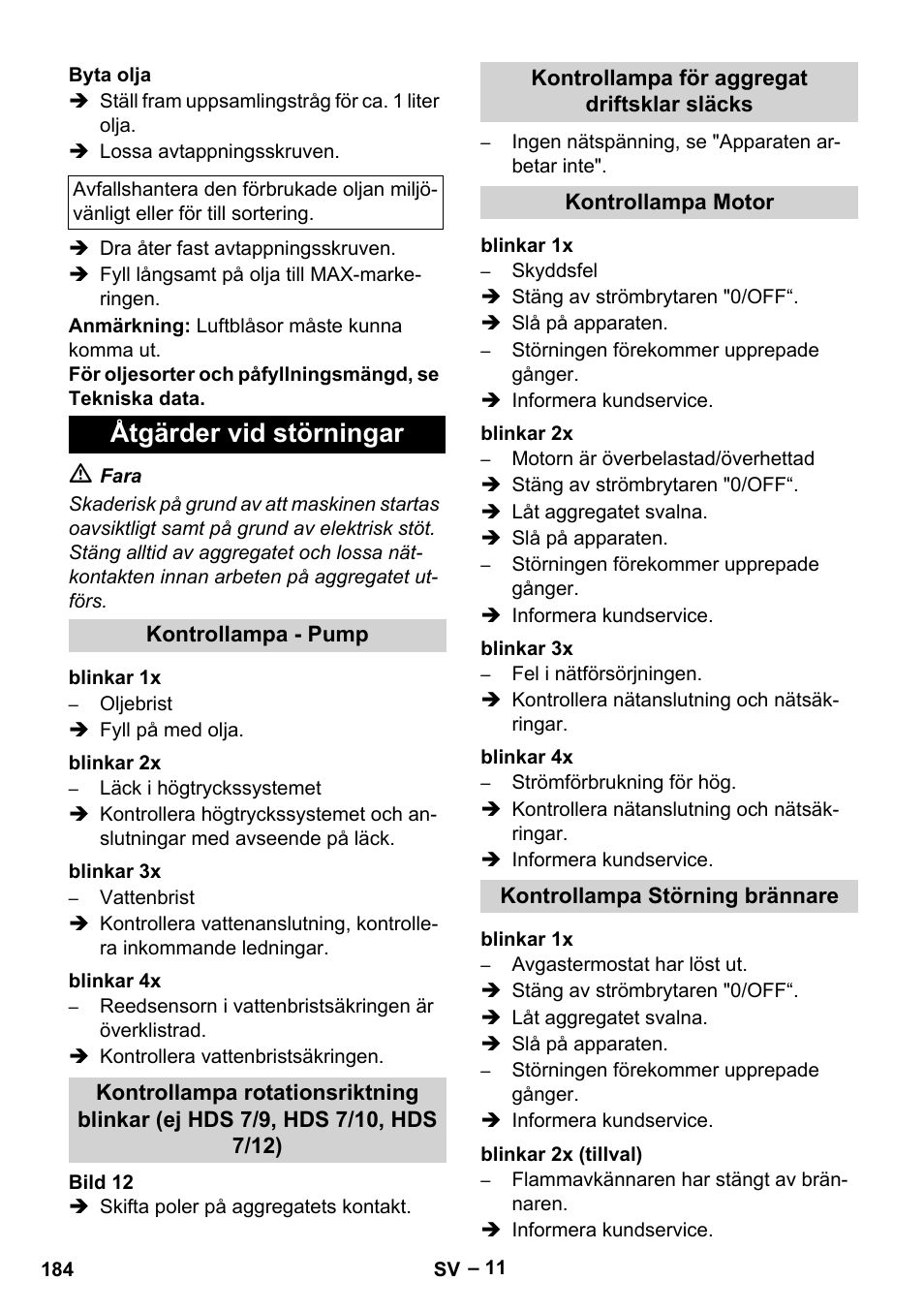 Åtgärder vid störningar | Karcher HDS 7-12-4 M User Manual | Page 184 / 516