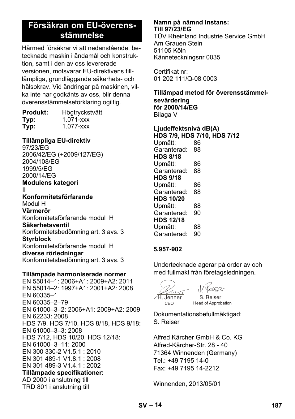 Försäkran om eu-överens- stämmelse | Karcher HDS 7-12-4 M User Manual | Page 187 / 516