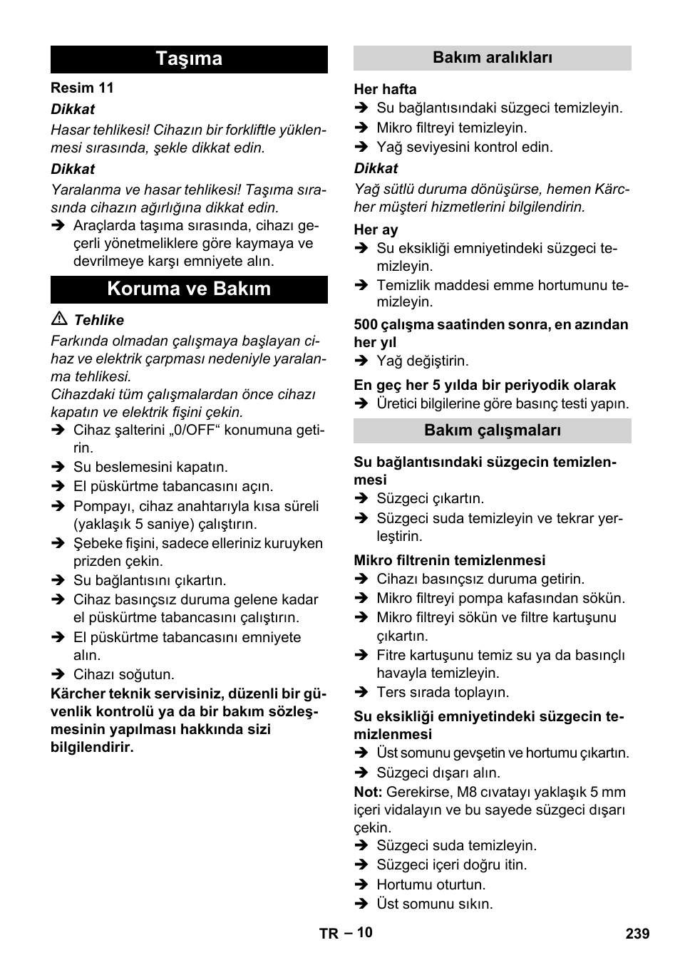 Taşıma koruma ve bakım | Karcher HDS 7-12-4 M User Manual | Page 239 / 516