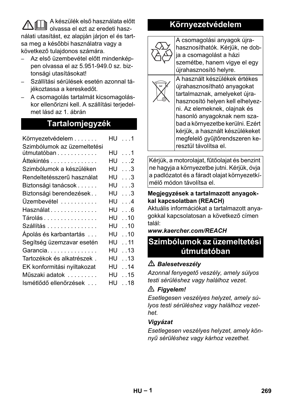 Magyar, Tartalomjegyzék, Környezetvédelem | Szimbólumok az üzemeltetési útmutatóban | Karcher HDS 7-12-4 M User Manual | Page 269 / 516