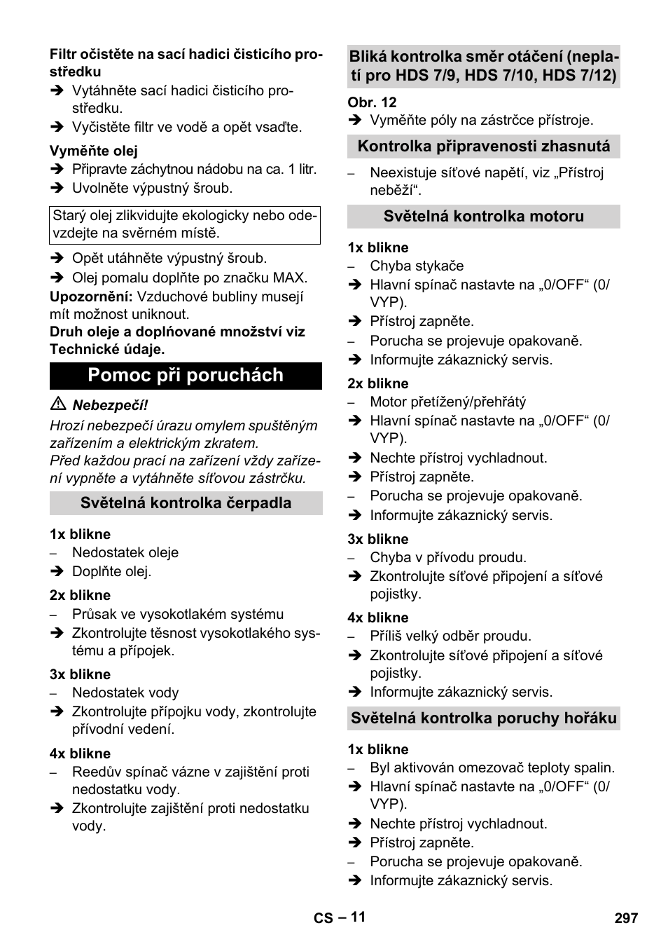 Pomoc při poruchách | Karcher HDS 7-12-4 M User Manual | Page 297 / 516