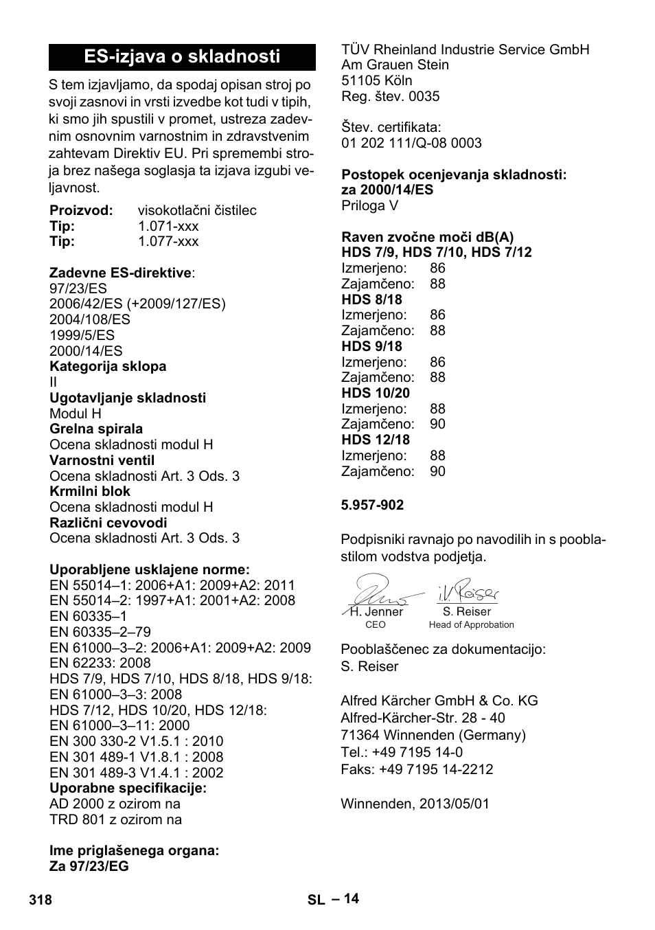 Es-izjava o skladnosti | Karcher HDS 7-12-4 M User Manual | Page 318 / 516