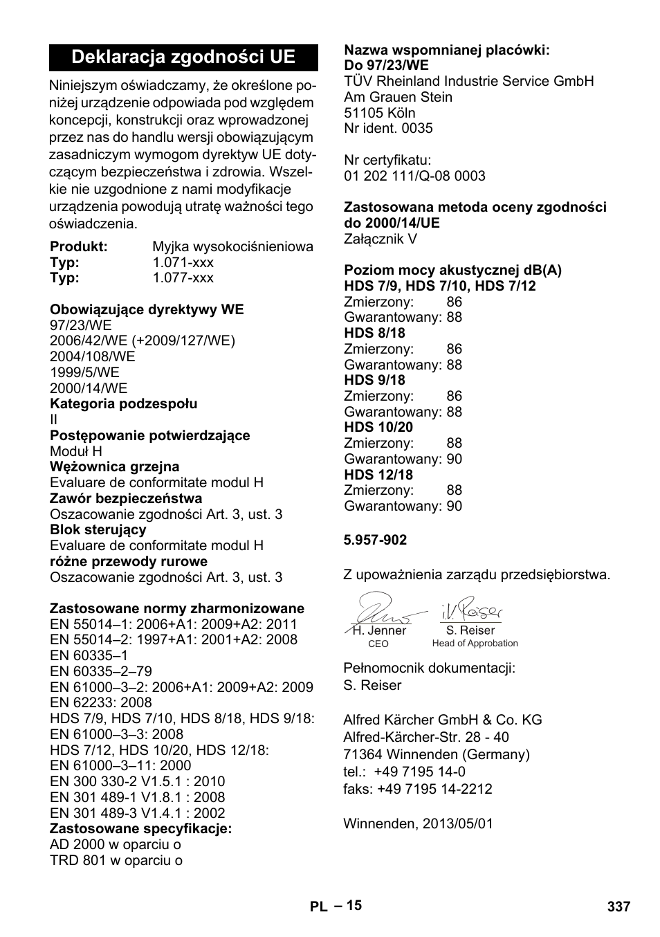 Deklaracja zgodności ue | Karcher HDS 7-12-4 M User Manual | Page 337 / 516