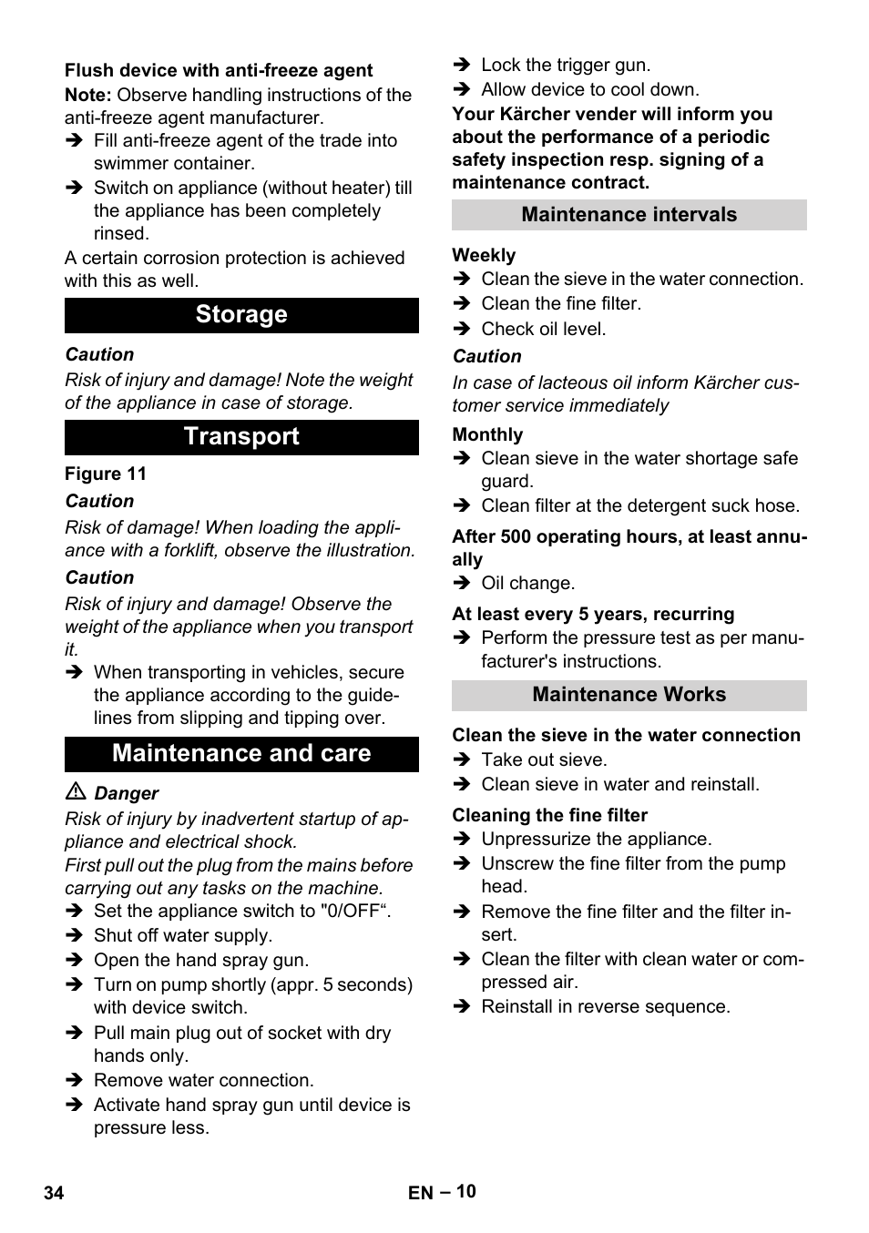 Storage transport maintenance and care | Karcher HDS 7-12-4 M User Manual | Page 34 / 516