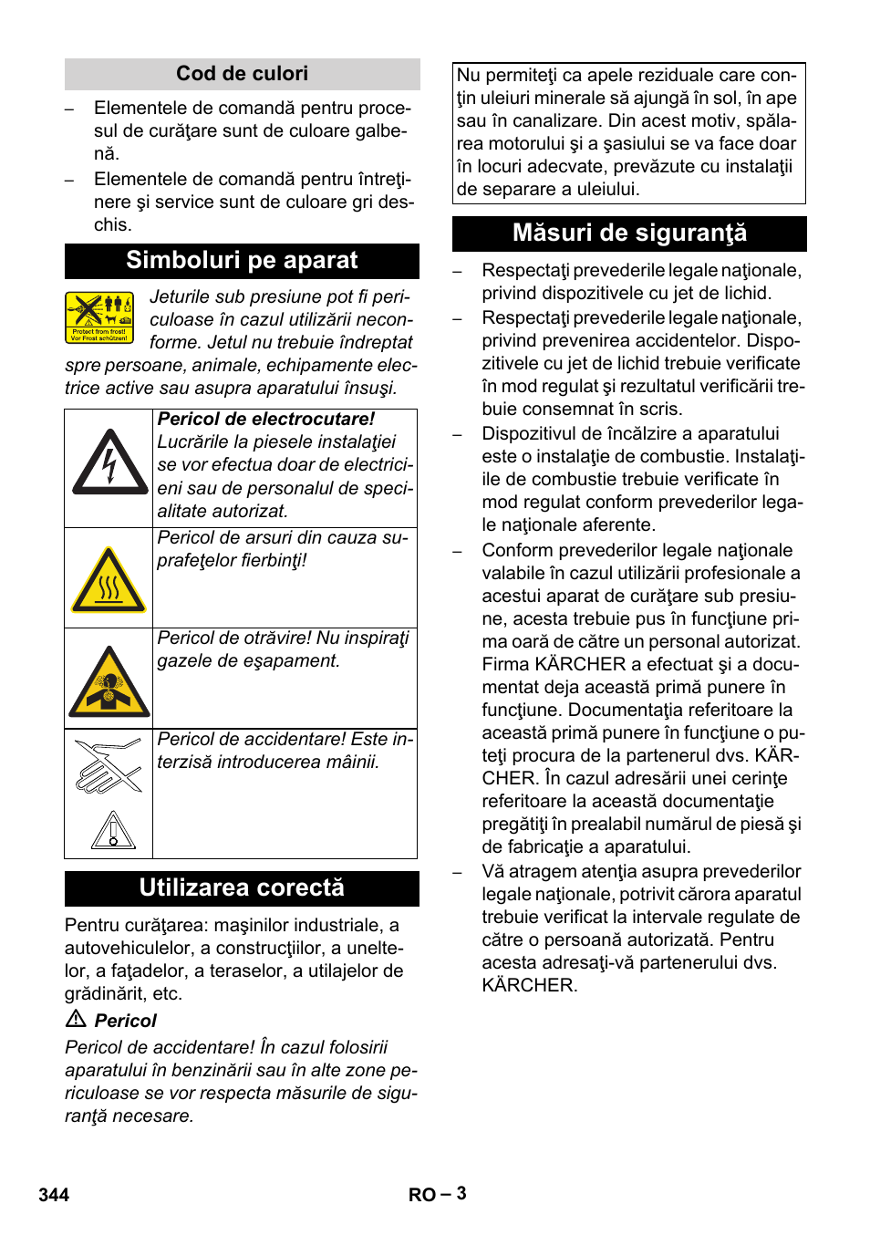 Simboluri pe aparat, Utilizarea corectă, Măsuri de siguranţă | Karcher HDS 7-12-4 M User Manual | Page 344 / 516