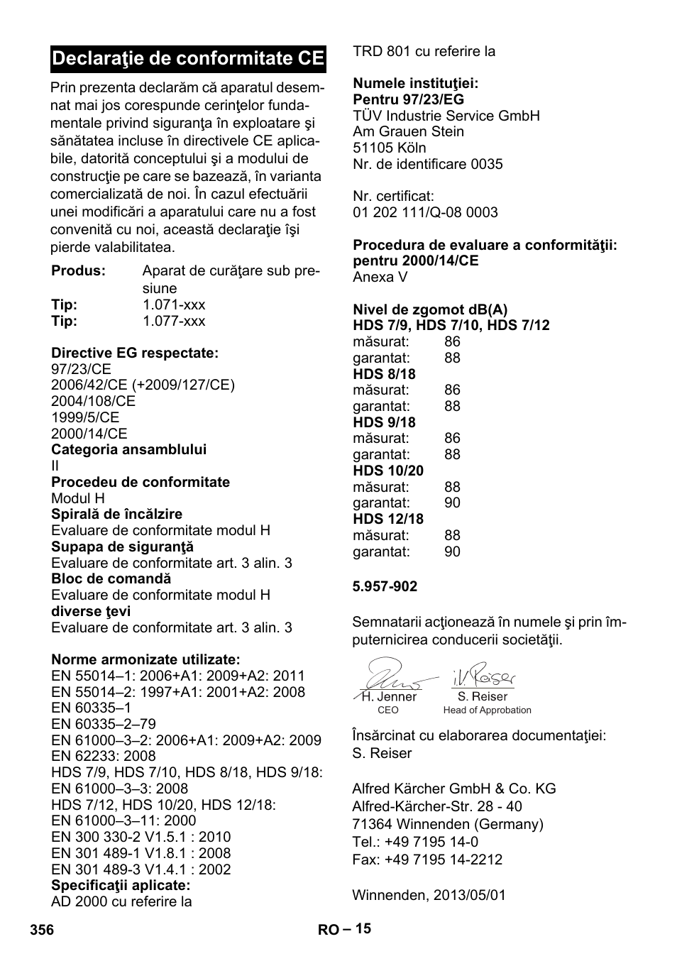 Declaraţie de conformitate ce | Karcher HDS 7-12-4 M User Manual | Page 356 / 516