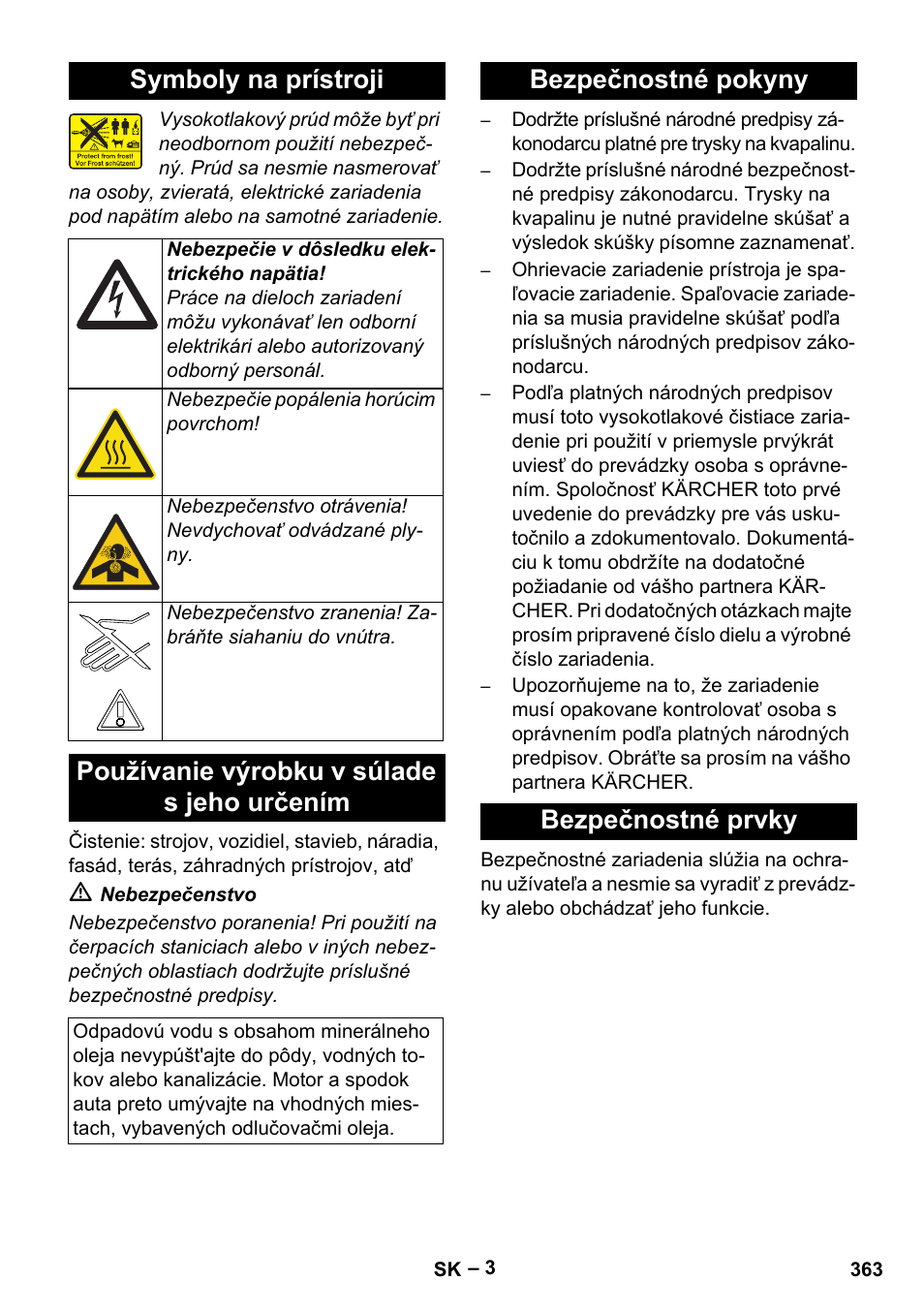 Symboly na prístroji, Používanie výrobku v súlade s jeho určením, Bezpečnostné pokyny bezpečnostné prvky | Karcher HDS 7-12-4 M User Manual | Page 363 / 516