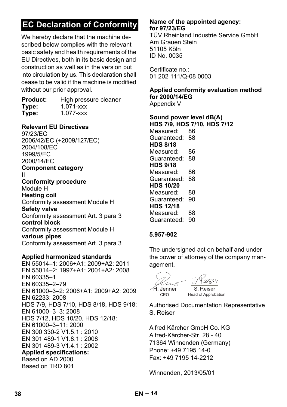 Ec declaration of conformity | Karcher HDS 7-12-4 M User Manual | Page 38 / 516