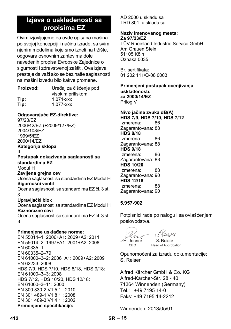 Izjava o usklađenosti sa propisima ez | Karcher HDS 7-12-4 M User Manual | Page 412 / 516