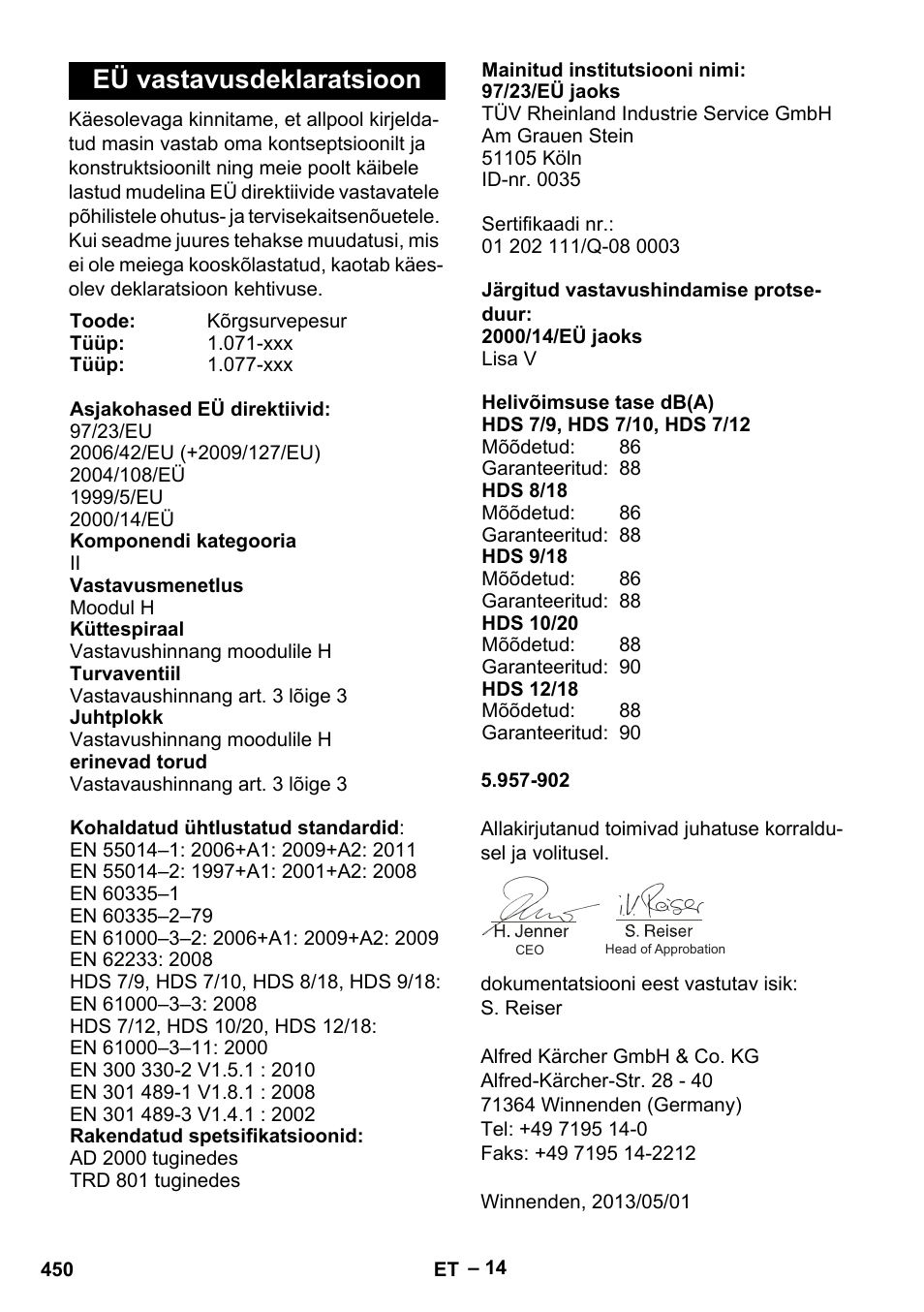 Eü vastavusdeklaratsioon | Karcher HDS 7-12-4 M User Manual | Page 450 / 516