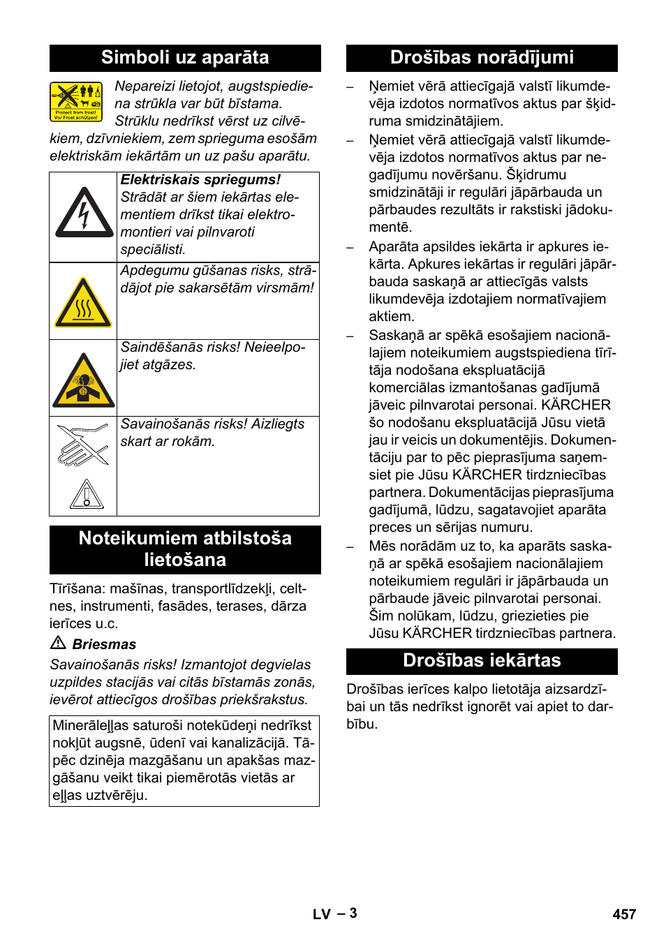 Simboli uz aparāta, Drošības norādījumi drošības iekārtas | Karcher HDS 7-12-4 M User Manual | Page 457 / 516