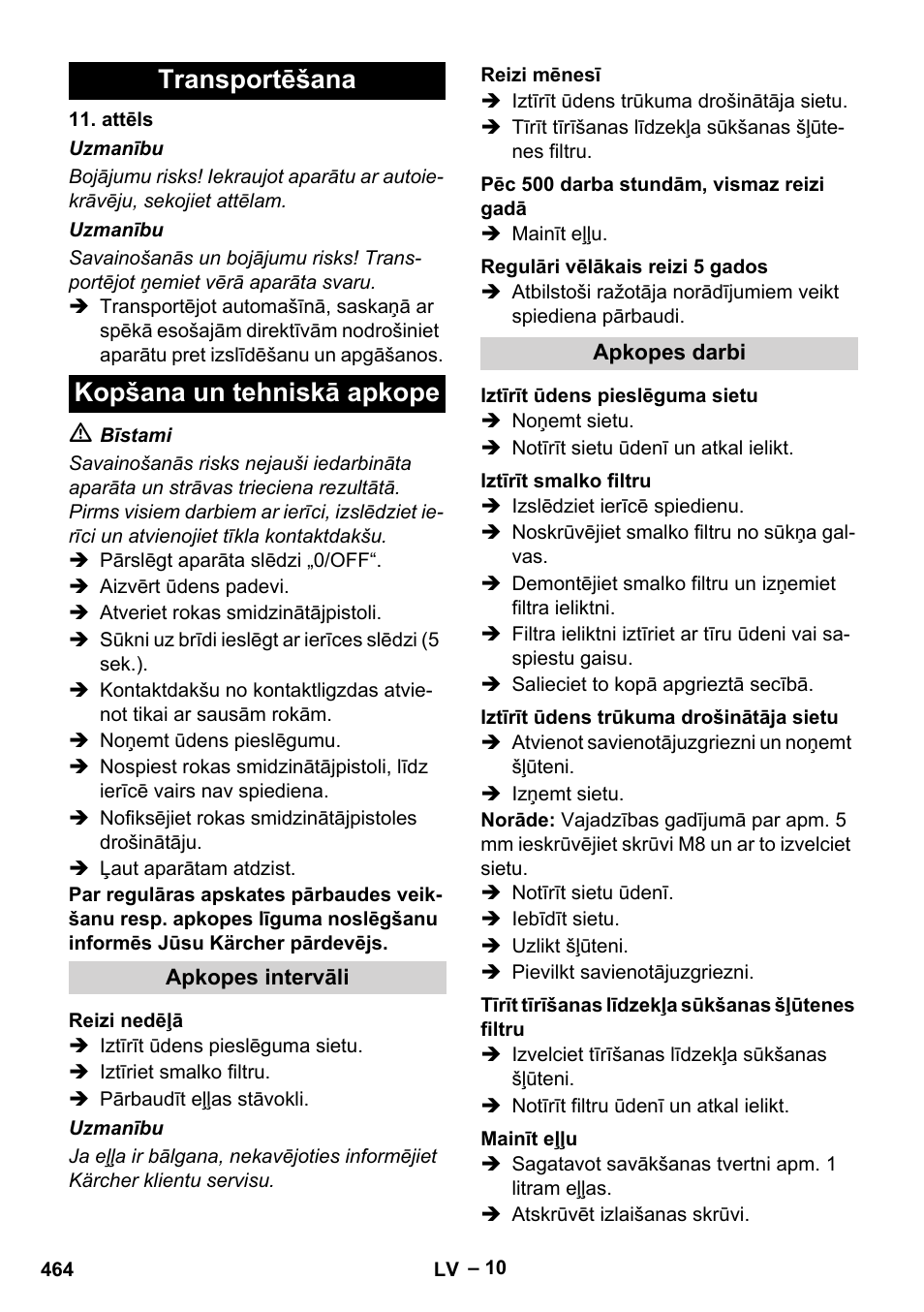 Transportēšana kopšana un tehniskā apkope | Karcher HDS 7-12-4 M User Manual | Page 464 / 516