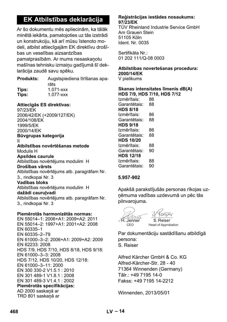 Ek atbilstības deklarācija | Karcher HDS 7-12-4 M User Manual | Page 468 / 516