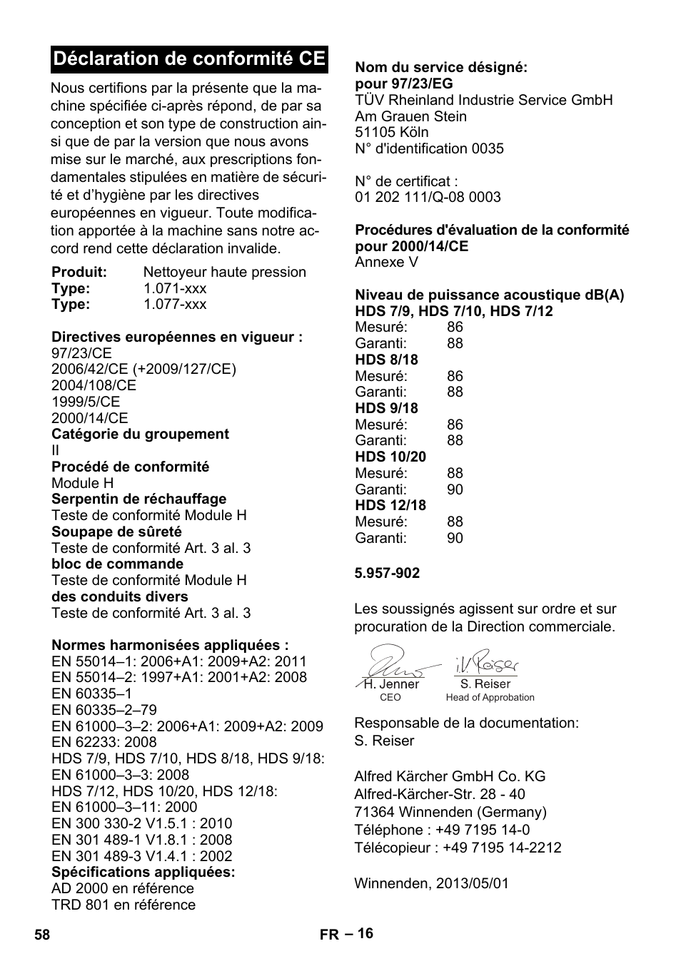 Déclaration de conformité ce | Karcher HDS 7-12-4 M User Manual | Page 58 / 516